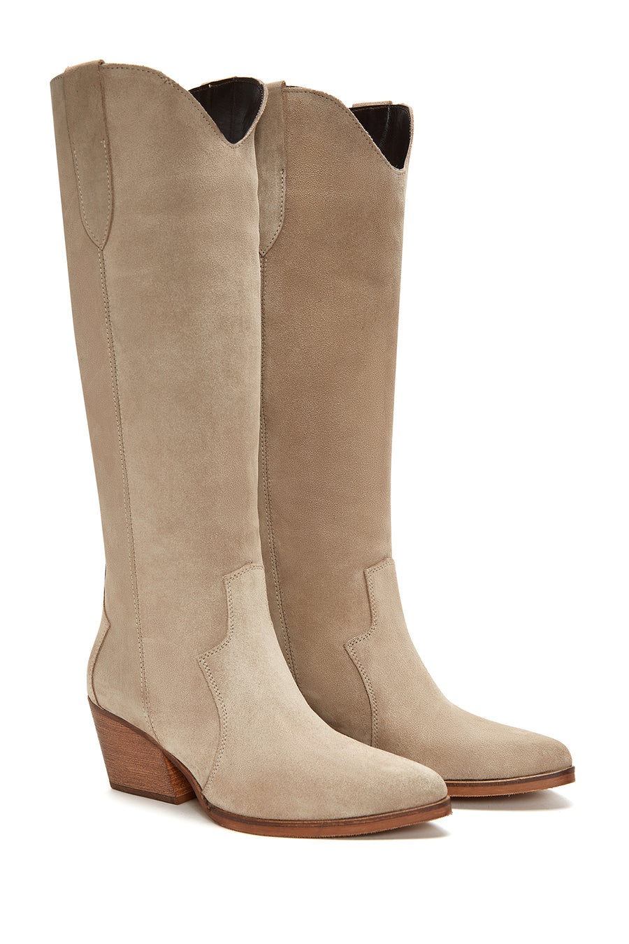 Women's Beige Suede Leather Heeled Cowboy Boots