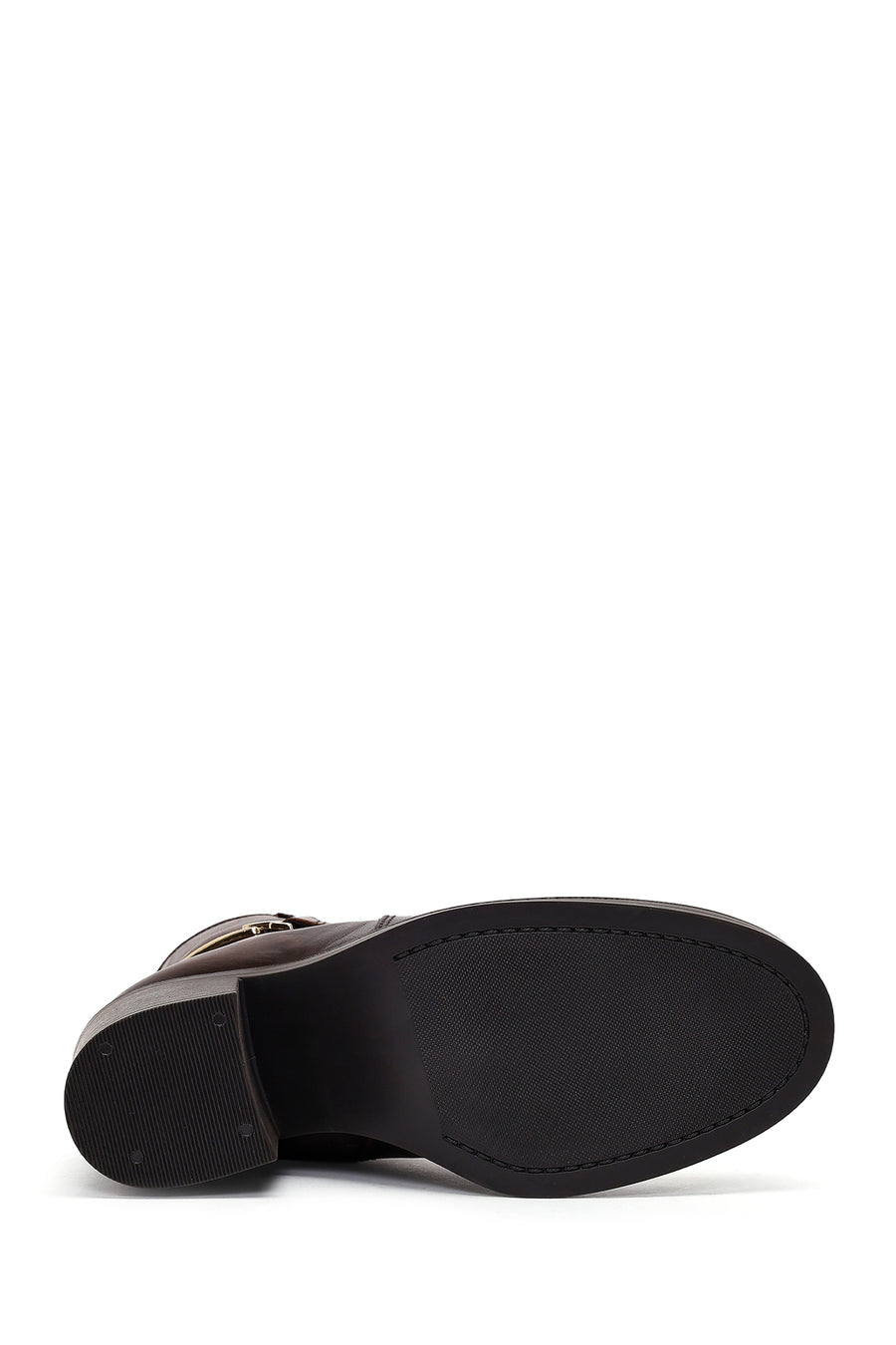 Women's Brown Buckle Chunky Heel Leather Boots