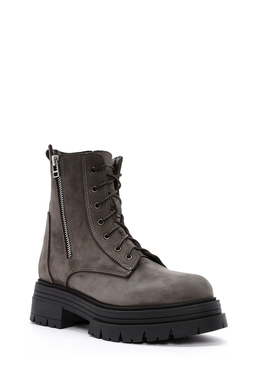 Women's Mink Lace-Up Double Zipper Detailed Thick-Soled Nubuck Leather Combat Boots
