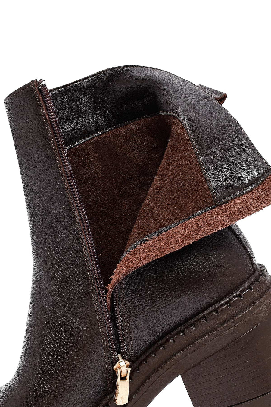 Woman Brown Zip Closure Chunky Heeled Leather Boots