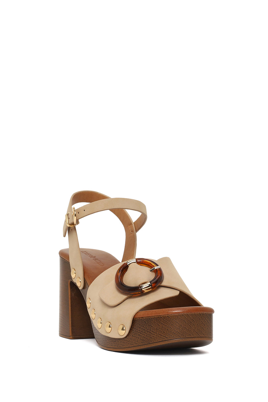 Woman Beige Buckled Ankle Platform Chunky High-Heel Suede Sandals