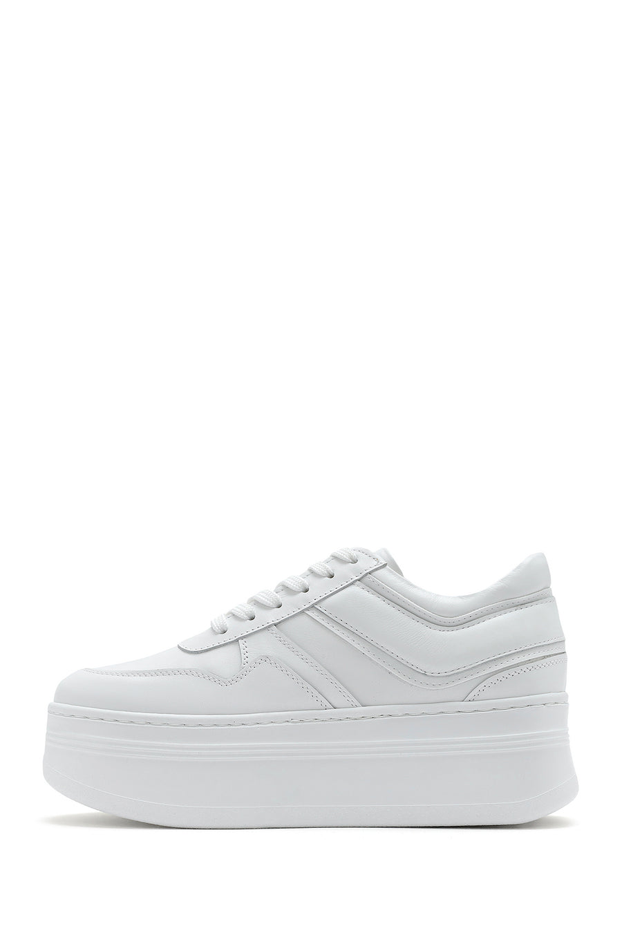 Women's White Lace-up Thick-Sole Leather Sneaker