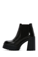 Woman Black Zip Closure Thick-Heeled Leather Boots | Derimod