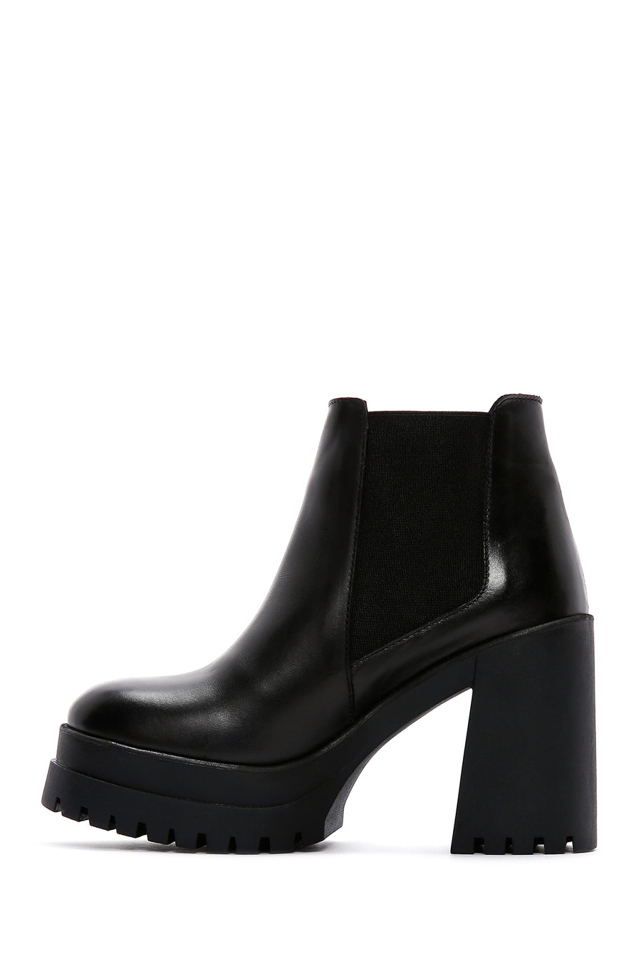 Woman Black Zip Closure Thick-Heeled Leather Boots