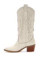 Women's Cream Thick Heeled Leather Cowboy Boots | Derimod