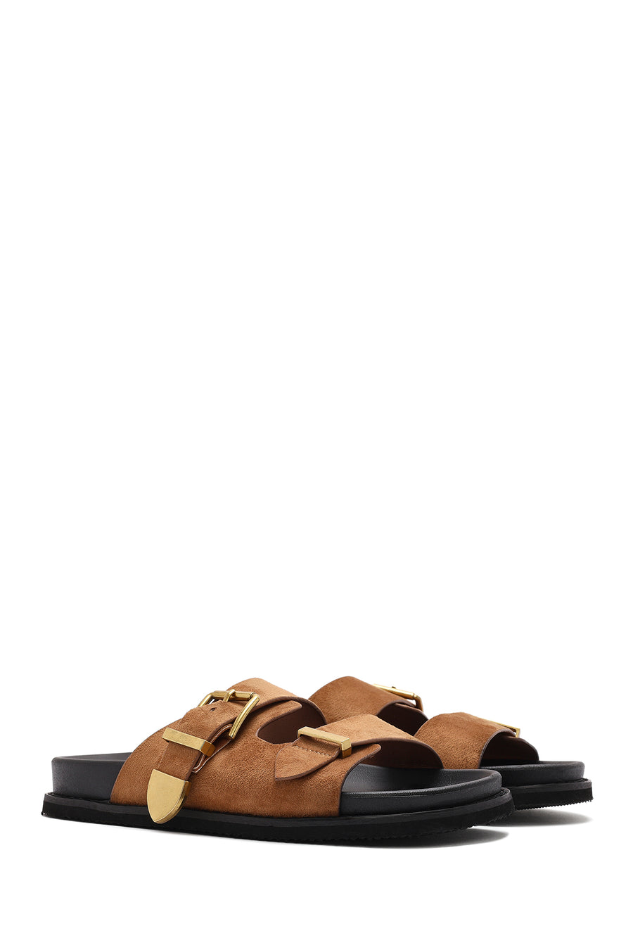 Women's Brown Buckled Suede Slippers