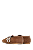 Women's Tan Double Buckled Suede Leather Ballerinas | Derimod