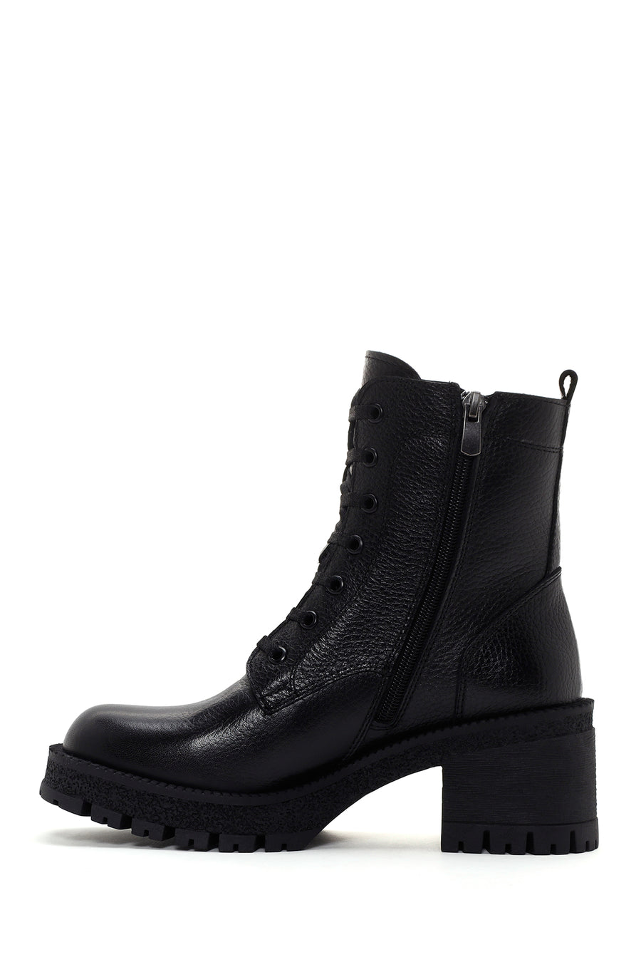 Women's Black Leather Zippered Heeled Boots