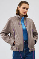 Terry Women's Grey Oversize Leather Jacket | Derimod