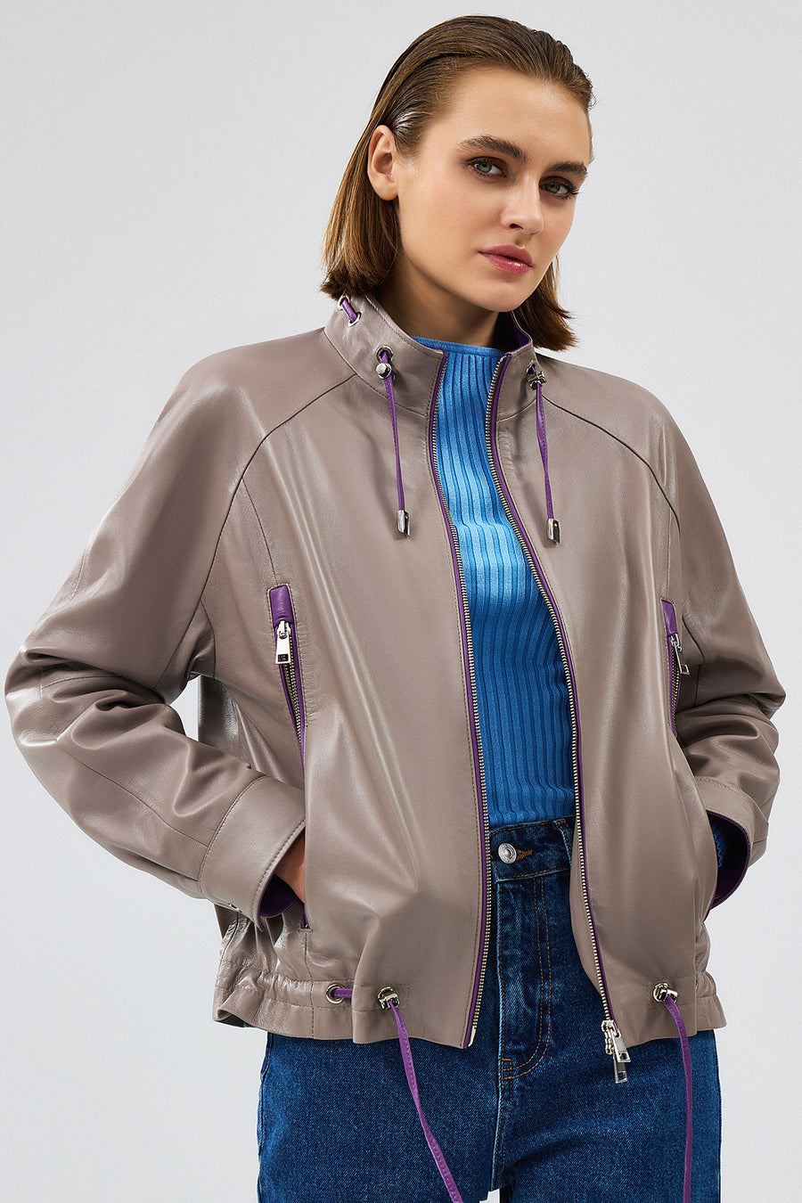 Terry Women's Grey Oversize Leather Jacket