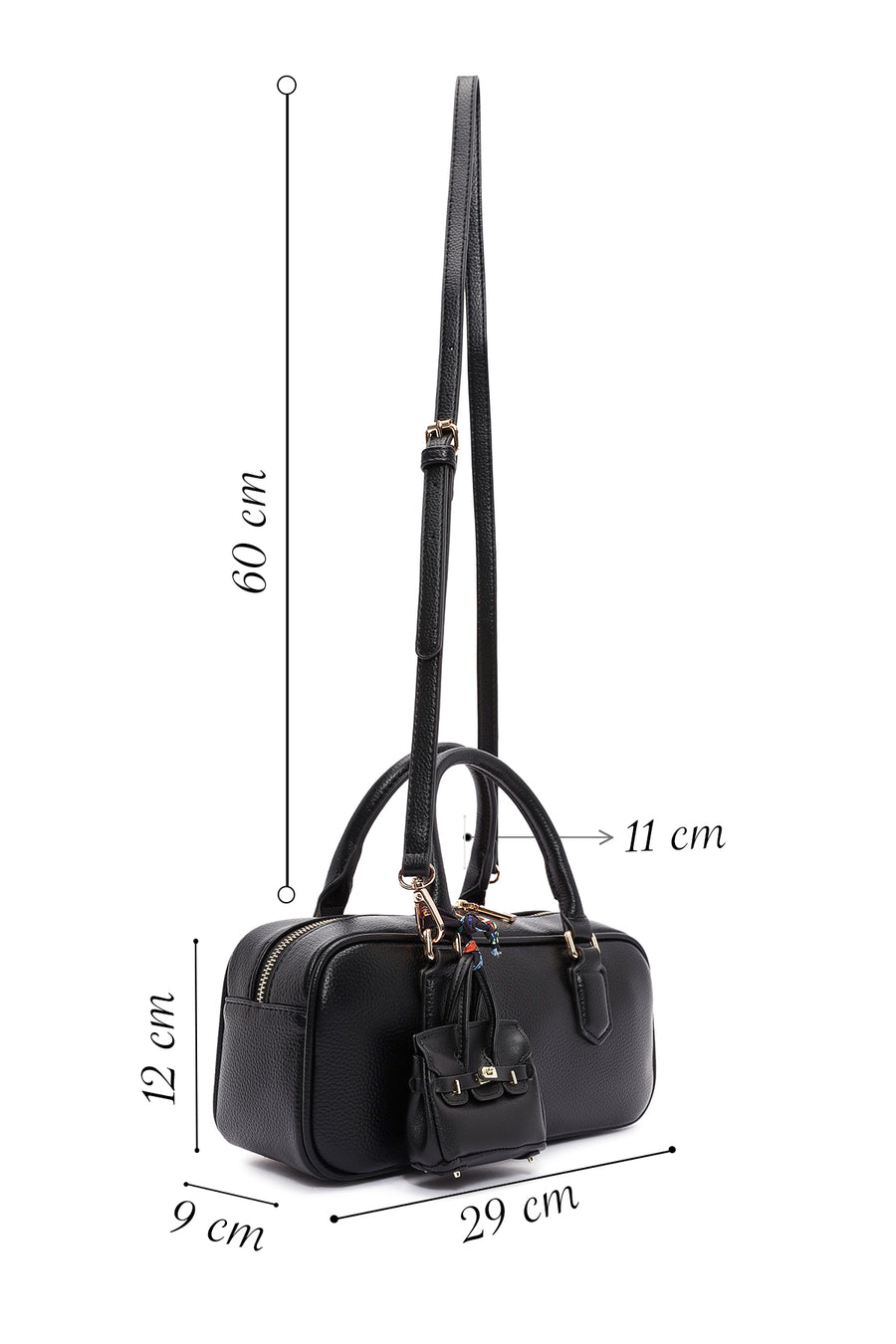 Women's Black Long Strap Handbag with Accessory Detail