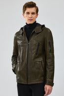 John Men's Green Hooded Leather Jacket | Derimod