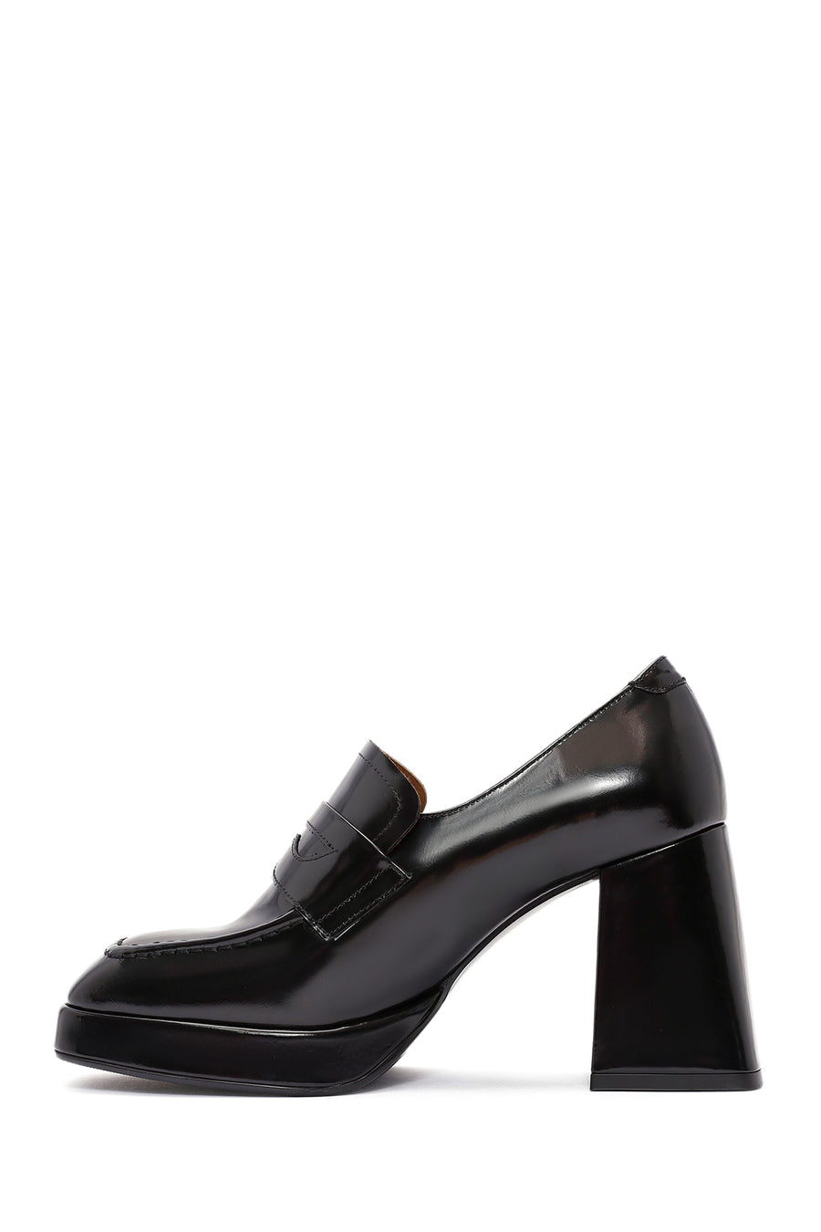 Woman Black Chunky Heels Leather Loafer