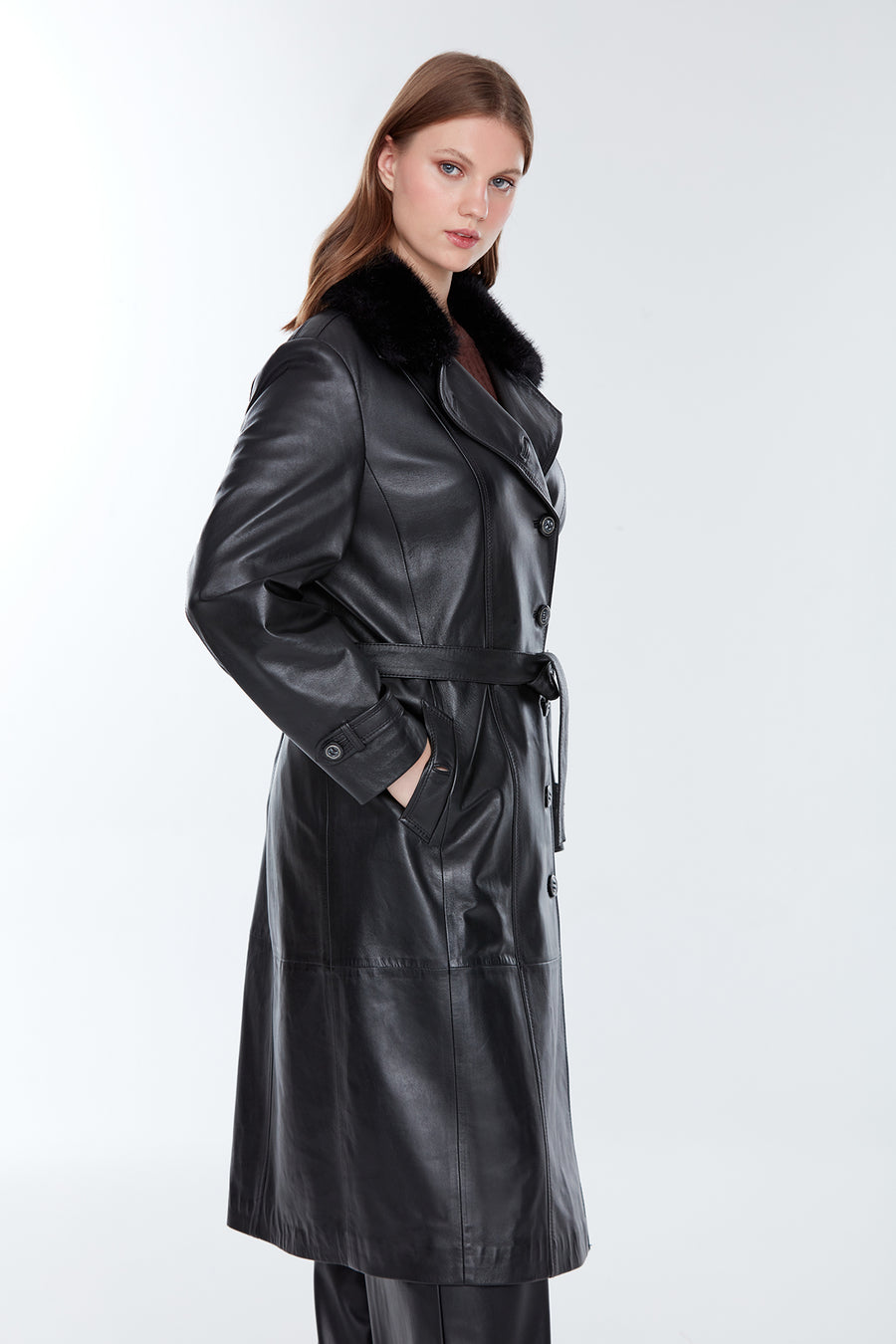 Brenda(Plus) Women's Black Leather Fur Coat