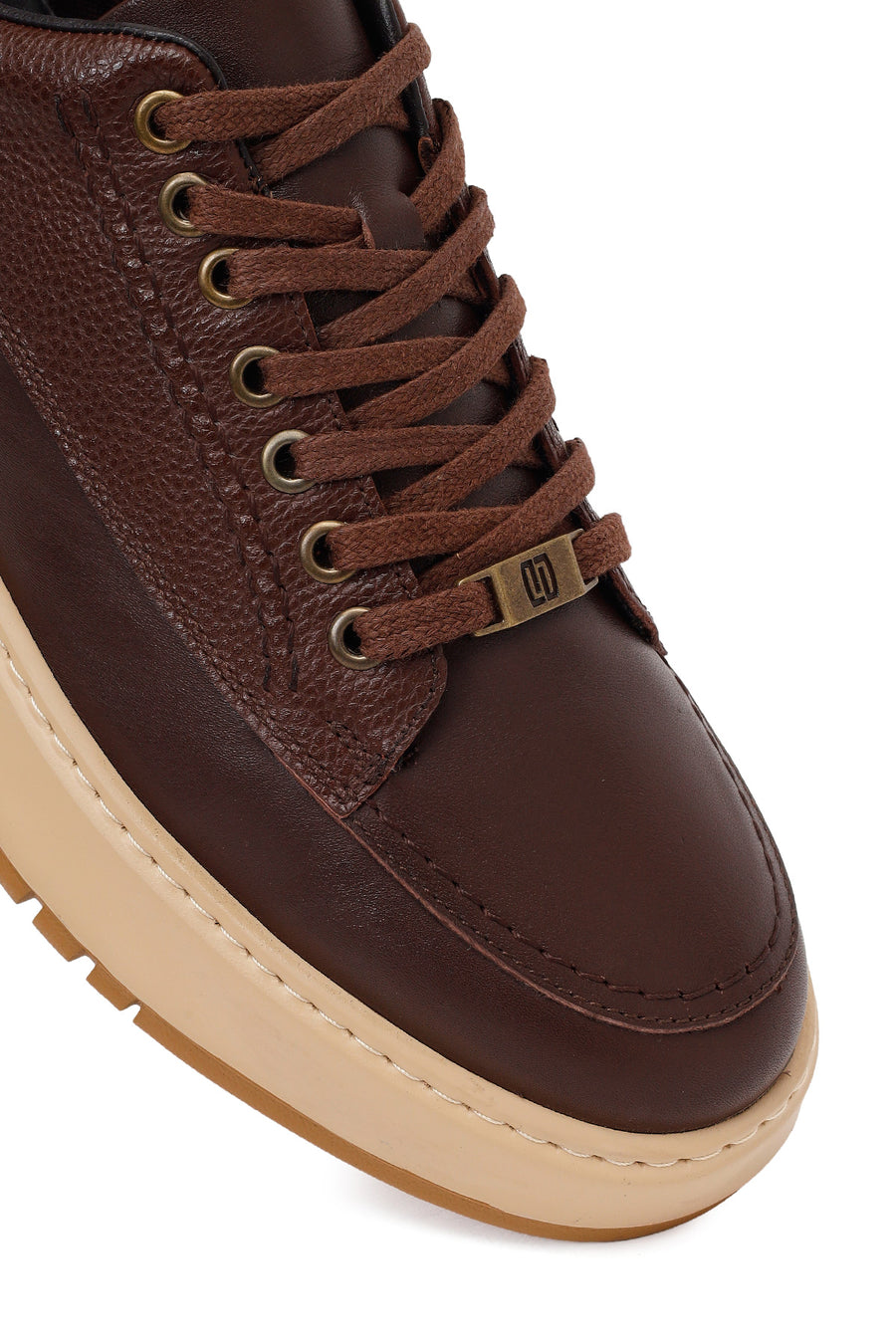 Erkek Kahverengi Bağcıklı Kalın Tabanlı Deri Sneaker