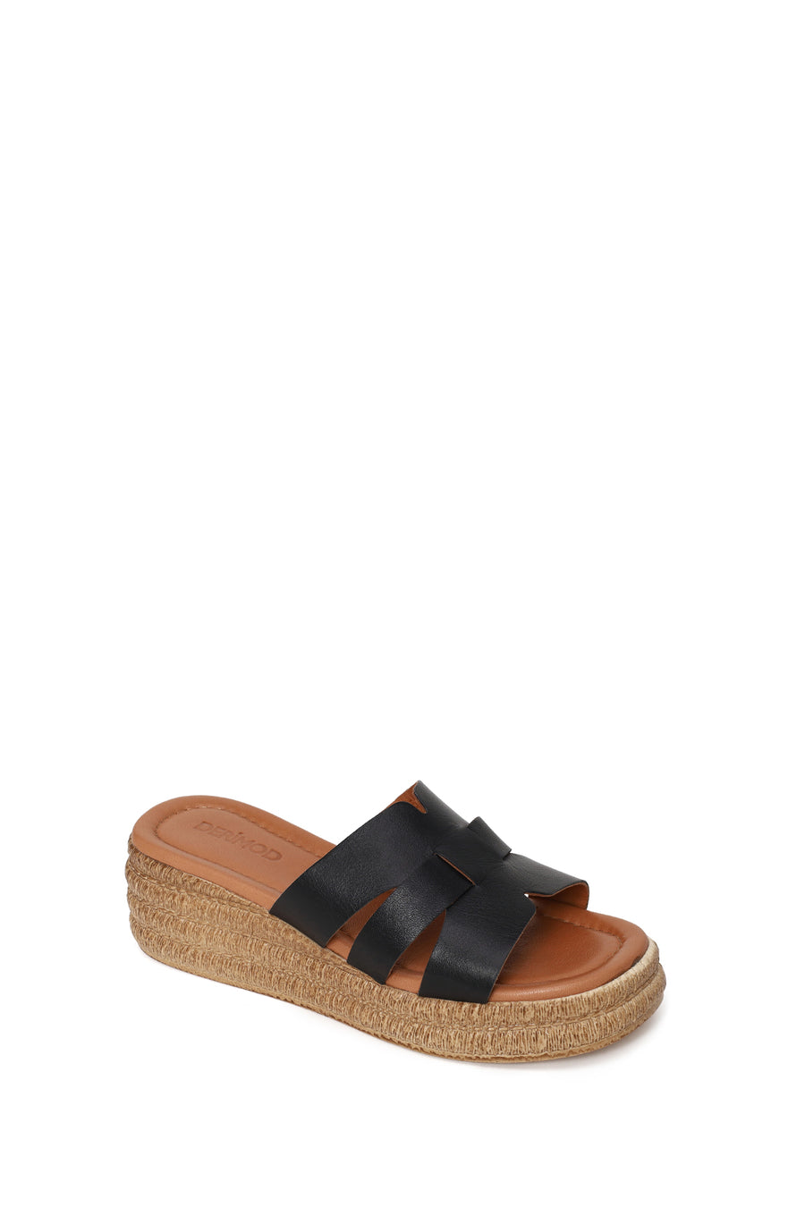 Woman Black Wedge Heeled Leather Slipper