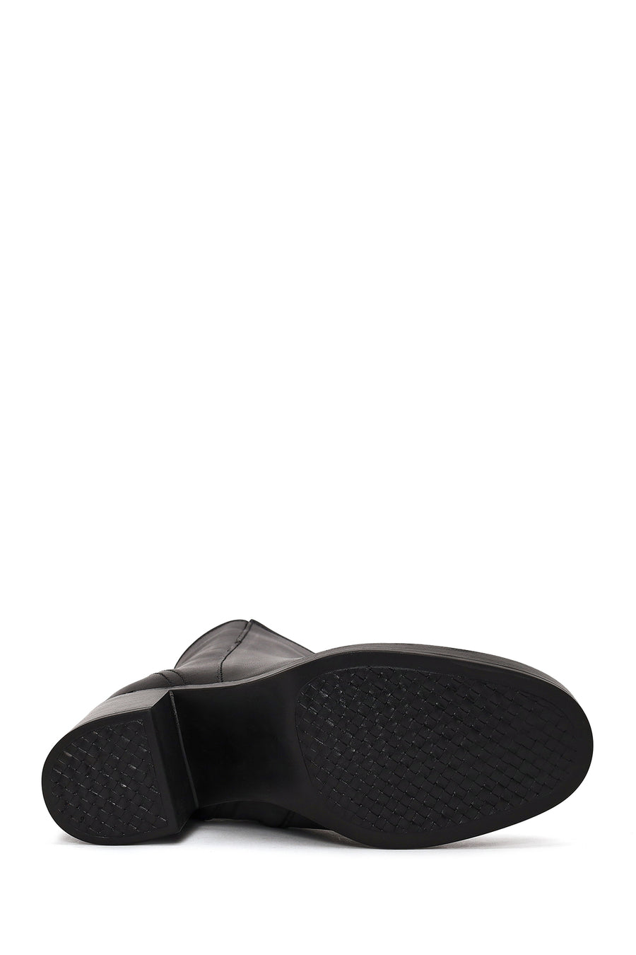 Woman Black Zip Closure Thick-Heeled Leather Boots