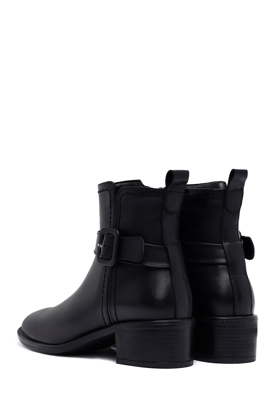 Women's Black Zippered Short Thick Heeled Leather Boots