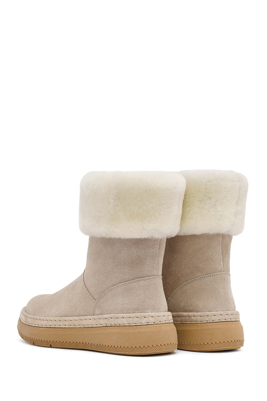 Woman Beige Thick-Soled Suede with Fur Detail Leather Boat