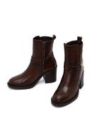 Women's Brown Buckle Chunky Heel Leather Boots | Derimod