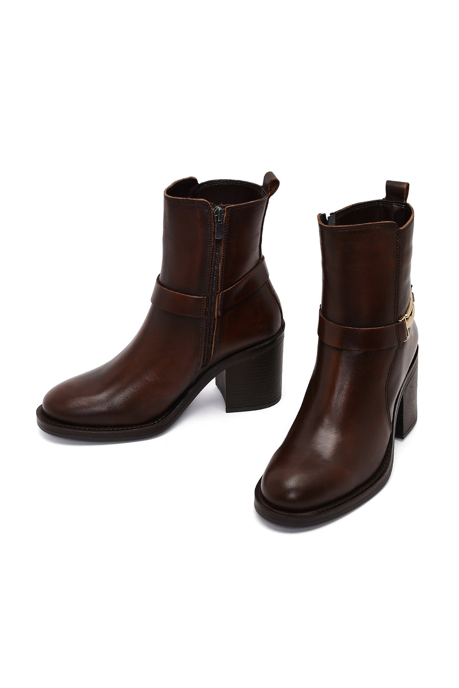 Women's Brown Buckle Chunky Heel Leather Boots