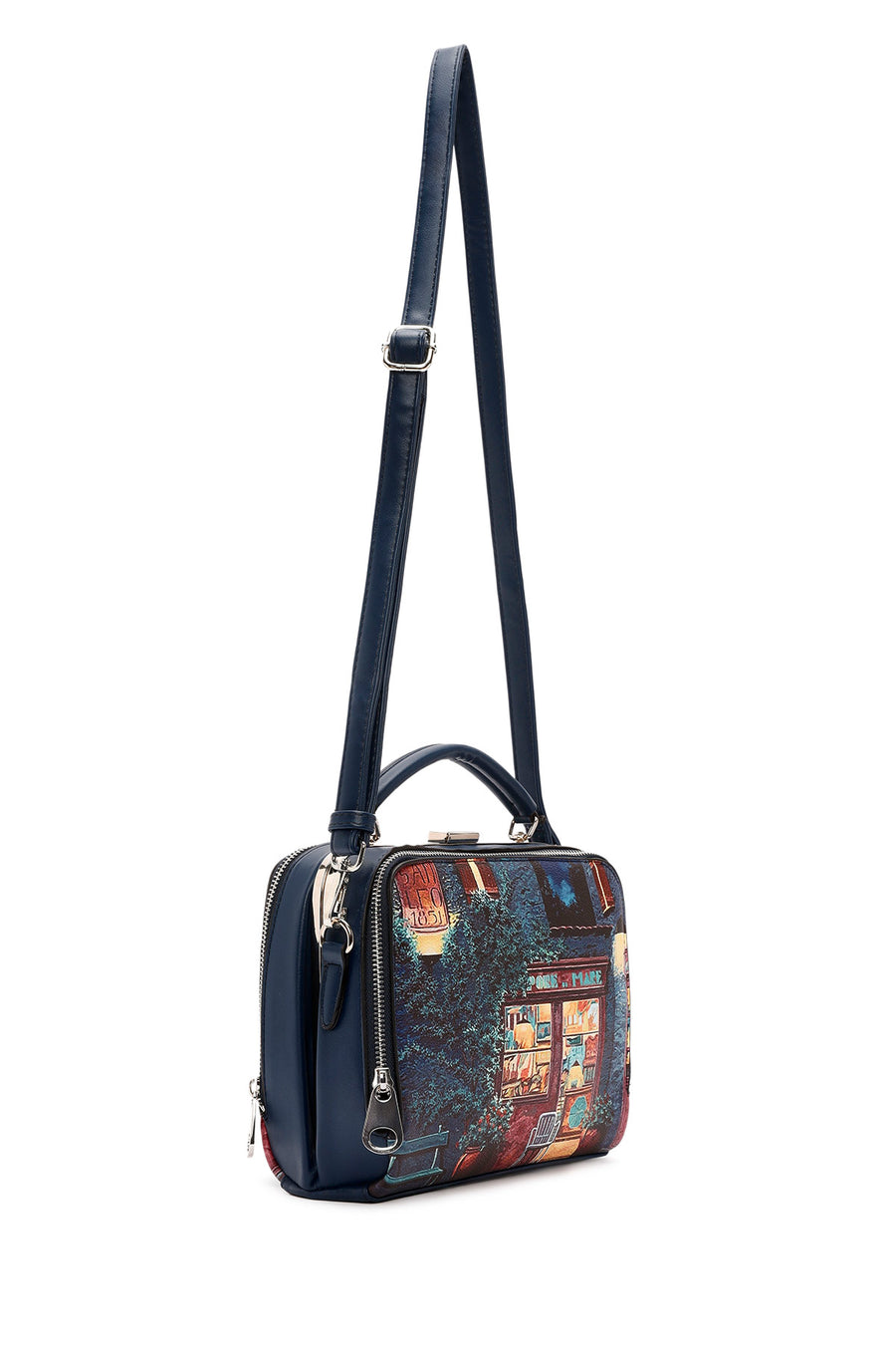 Women's Navy Blue Long Strap Patterned Handbag