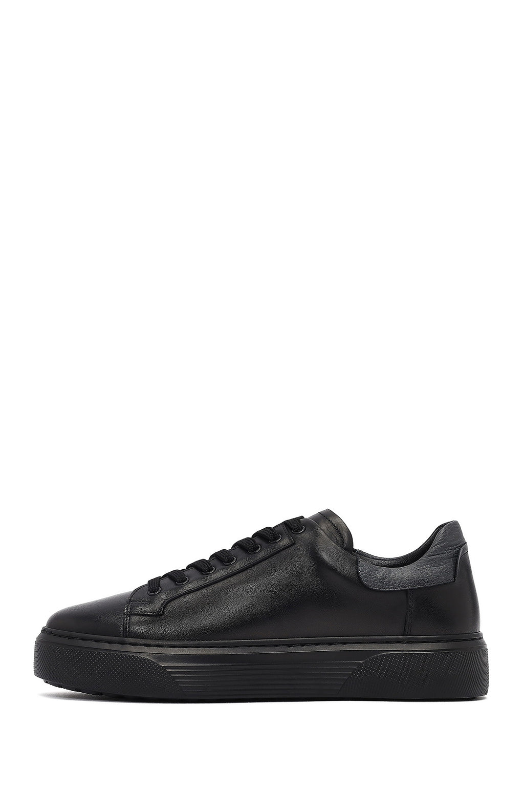Erkek Siyah Bağcıklı Kalın Tabanlı Deri Sneaker