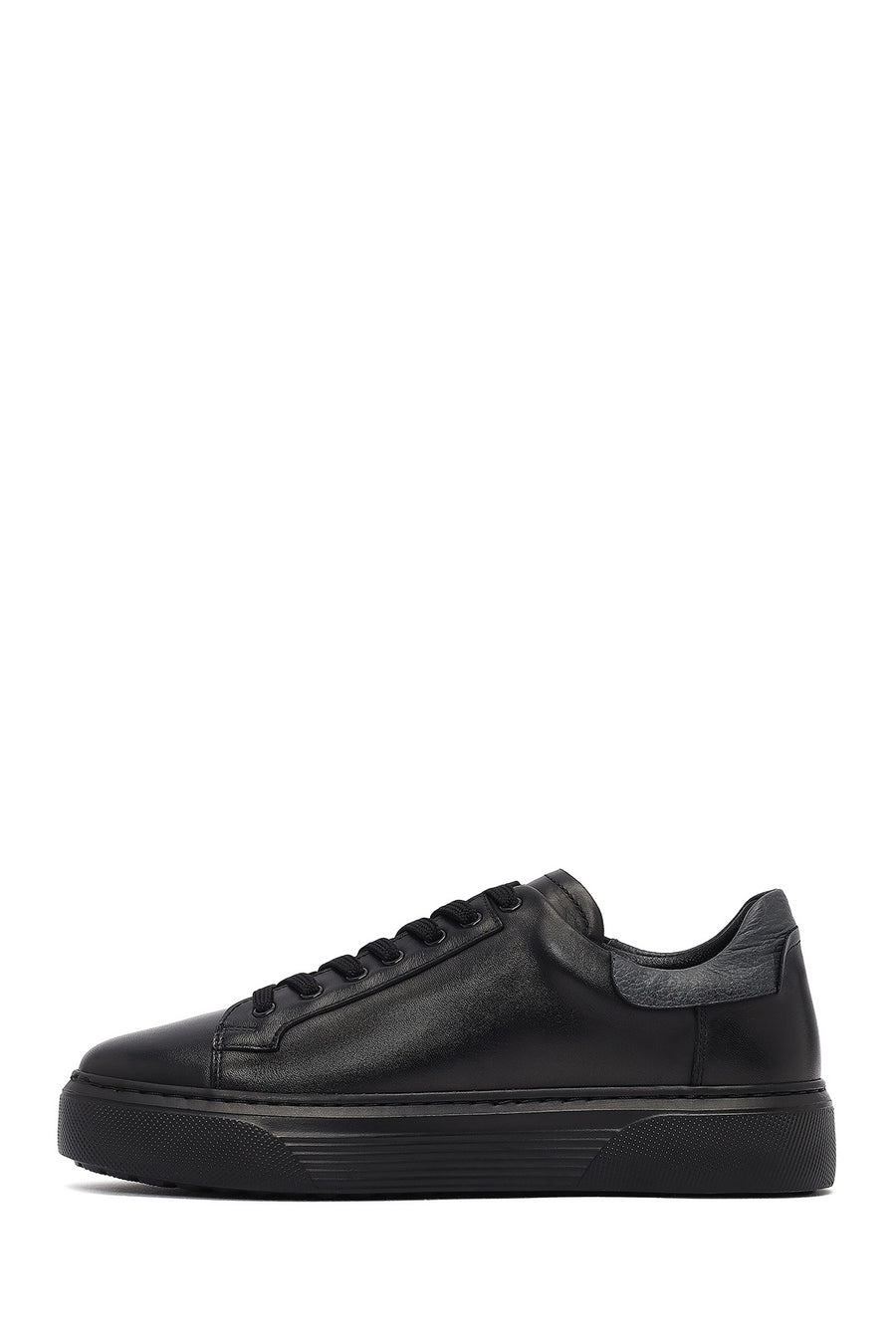 Men's Black Lace-Up Thick Sole Leather Sneakers