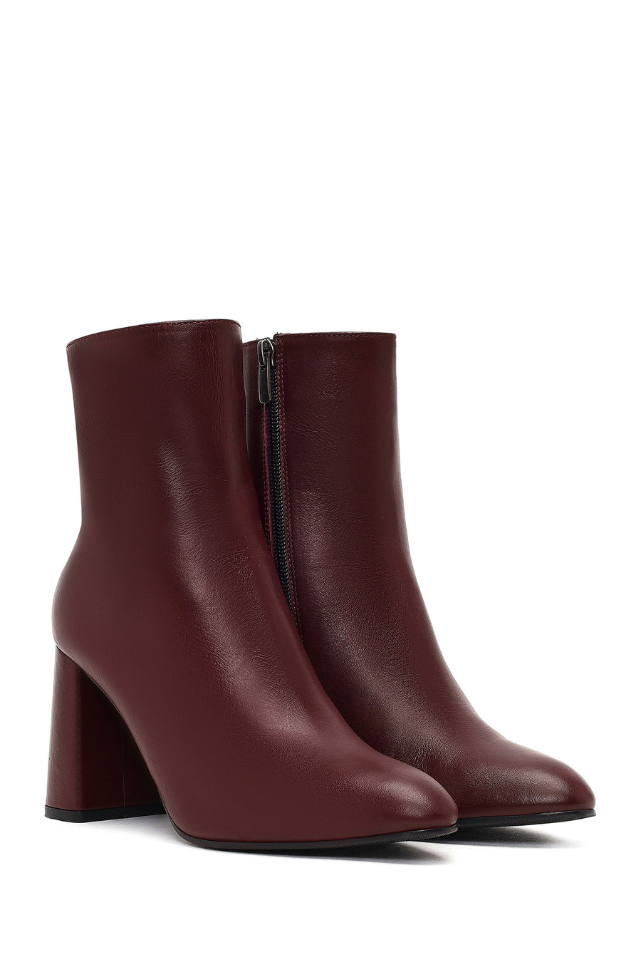 Women's Burgundy Zippered Thick High Heel Leather Boot