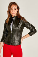 Joel Women's Black Stretch-Fit Leather Jacket | Derimod
