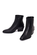 Woman Black Zip Closure Short Thick-Heeled Leather Cowboy Boots | Derimod