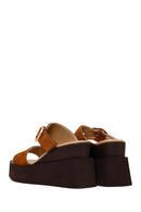 Woman Tan Buckled Wedge Heel Suede Slipper | Derimod