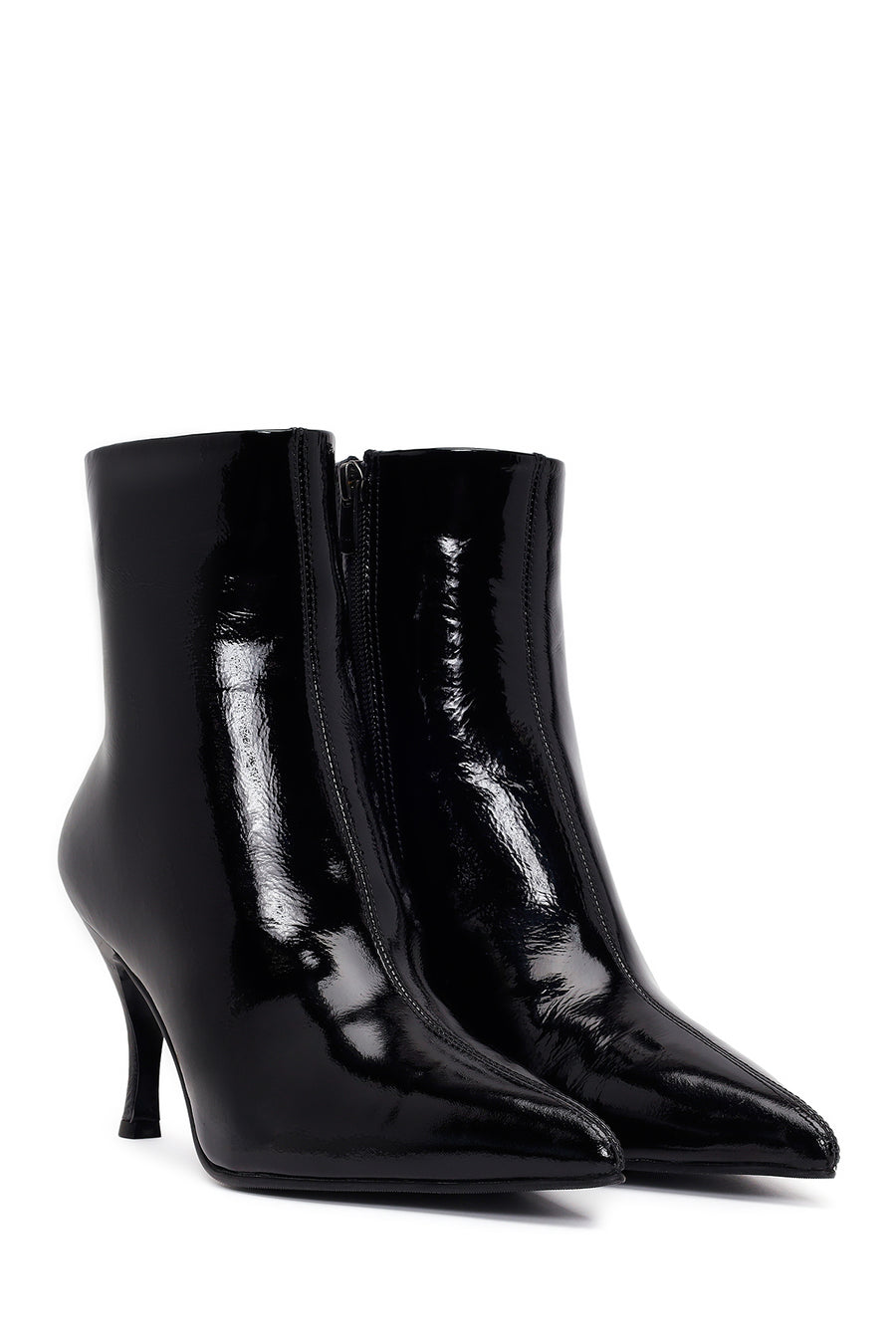 Woman Black Zip Closure Stiletto-Heel Patent Leather Leather Boots