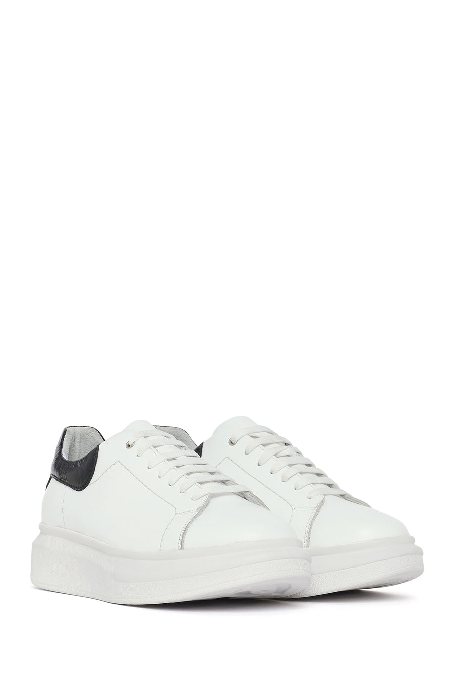 Women's White Lace-up Thick-Sole Leather Sneaker