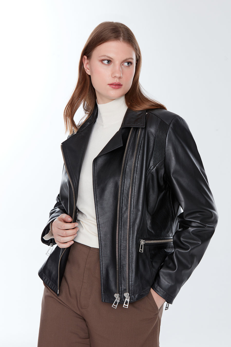 Stefania (Plus) Kadın Siyah Biker Deri Mont