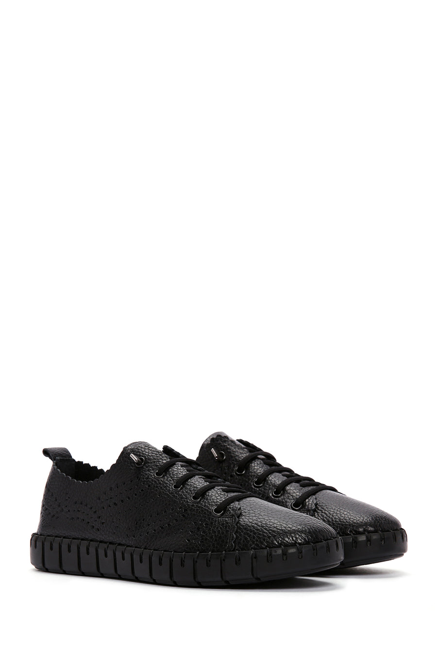 Woman Black Laced Patterned Leather Comfort Shoes