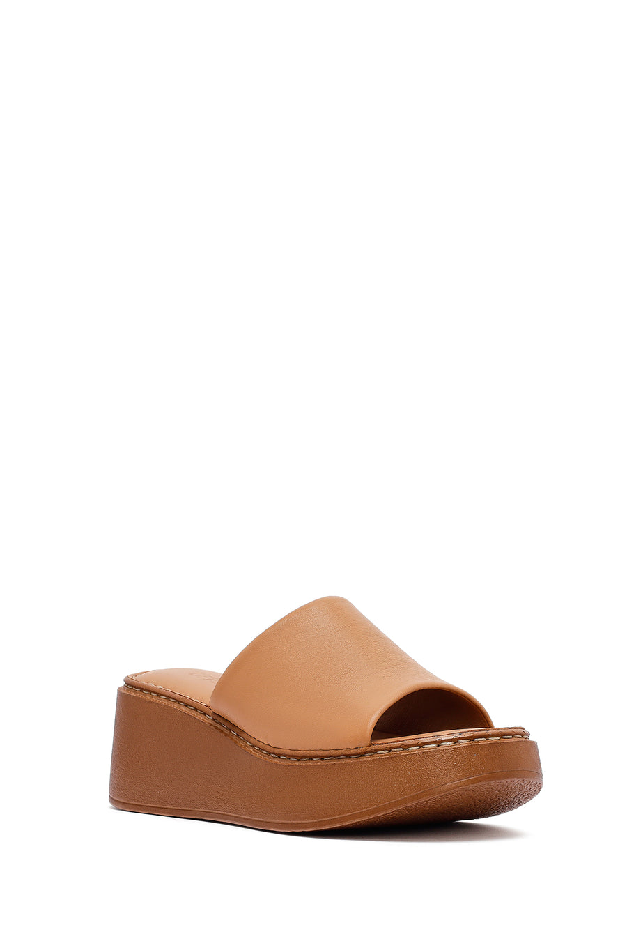 Woman Tan Thick Sole Leather Comfort Slippers