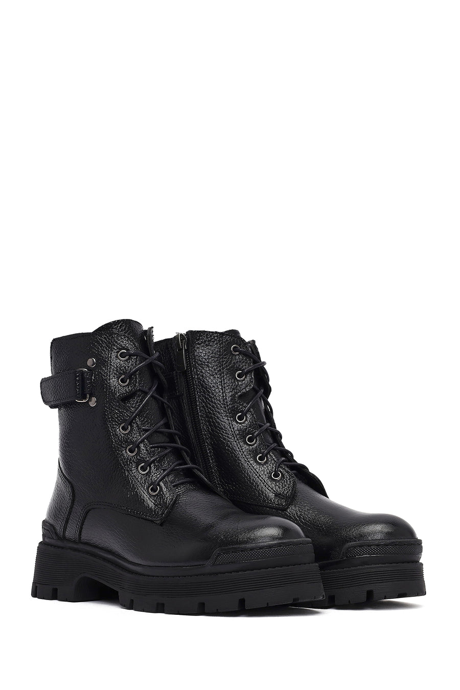 Woman Black Lace-Up Zippered Thick Sole Leather Postal Boots