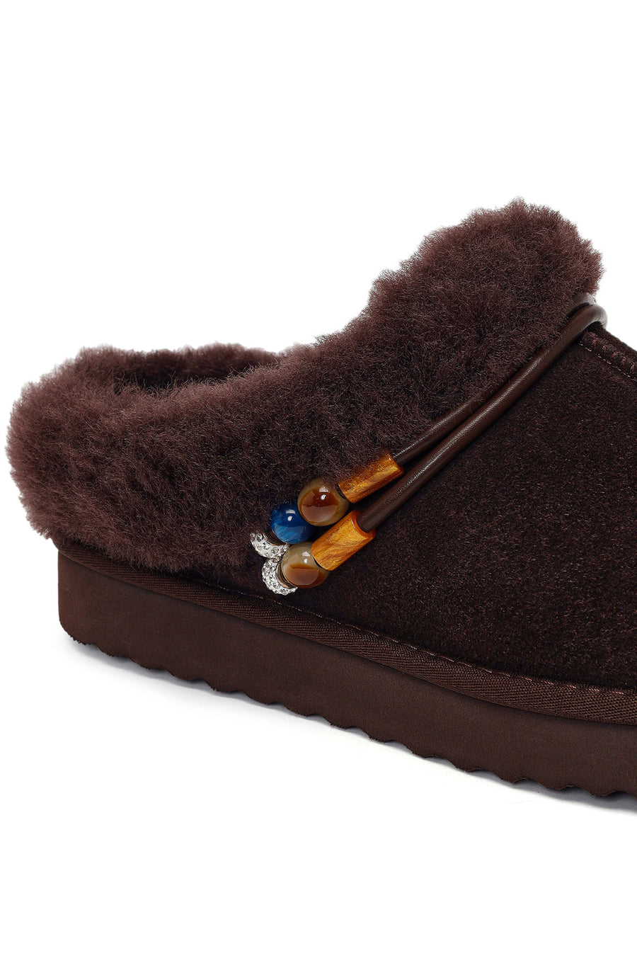 Woman Brown Stone-Embellished Suede Teddy Slipper