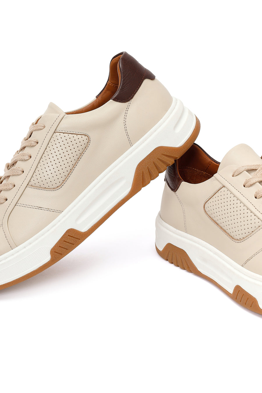 Erkek Bej Kalın Tabanlı Bağcıklı Deri Sneaker
