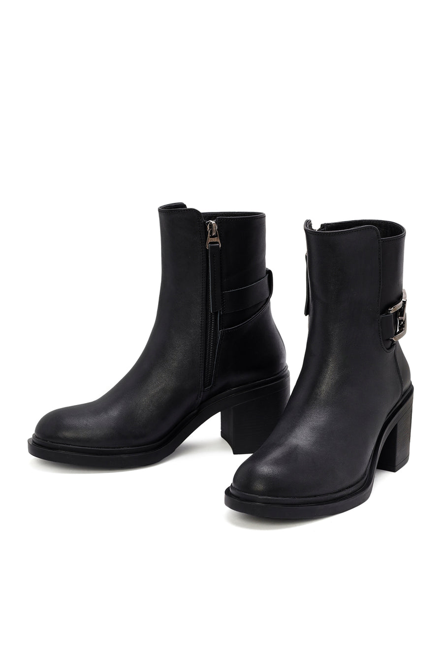 Women's Black Buckle Detailed Zippered Thick Heeled Leather Boots