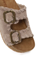 Woman Beige Double-Buckle Thick-Soled Suede Slipper | Derimod