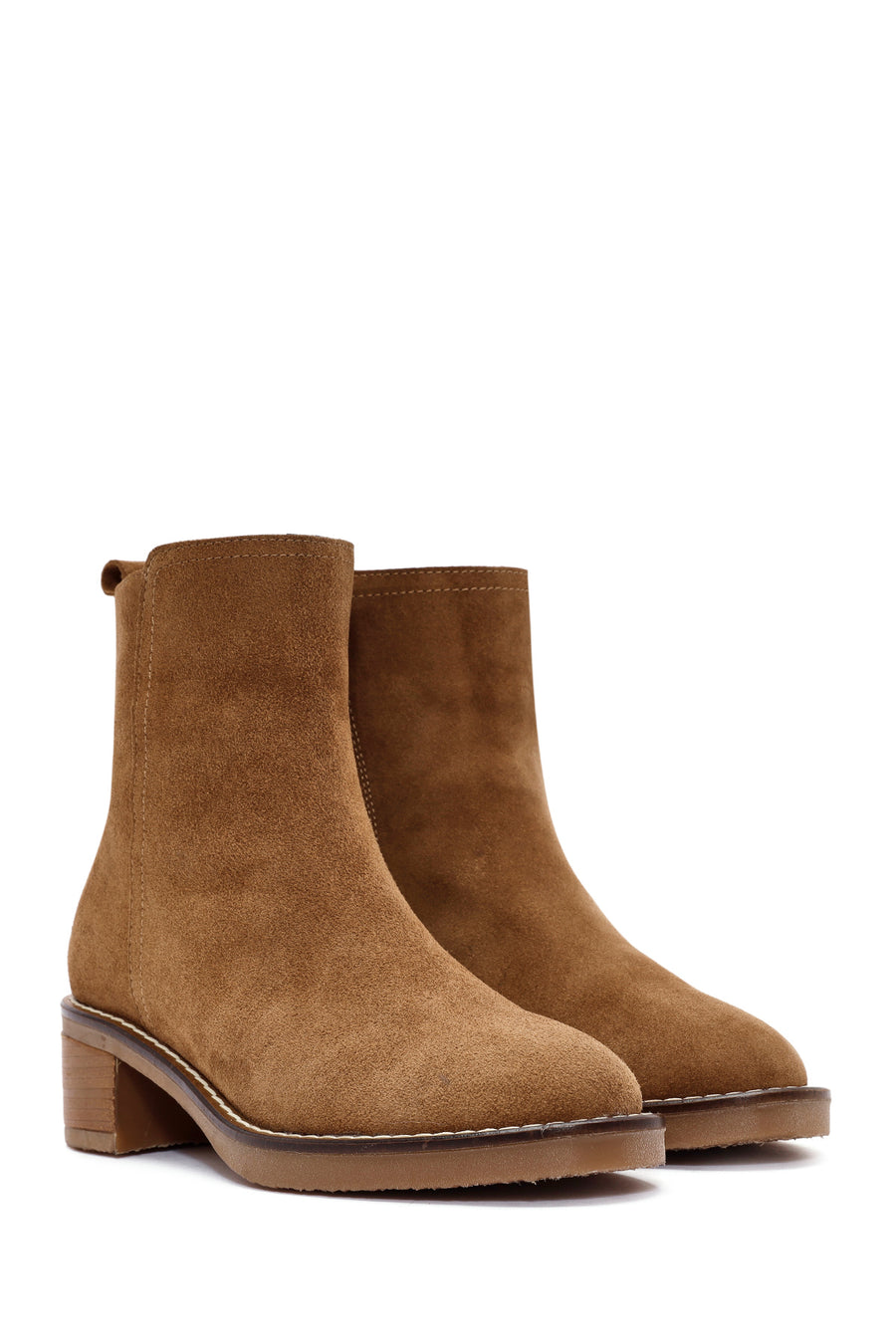 Woman Brown Zippered Chunky Heel Suede Leather Boat