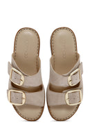 Women's Beige Buckle Suede Leather Comfort Slippers | Derimod