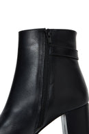 Women's Black Zippered Buckle Detailed Thick Heeled Leather Boots | Derimod