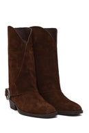 Woman Brown Buckled Short Thick-Heeled Suede Boots | Derimod