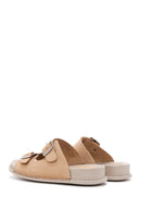 Women's Beige Double Buckled Nubuck Leather Comfort Slippers | Derimod