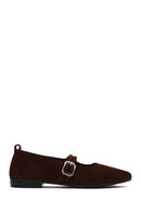 Women's Brown Buckled Suede Leather Ballet Flat | Derimod