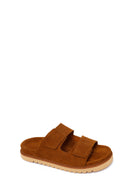 Women's Tan Double Buckle Suede Leather Slippers | Derimod