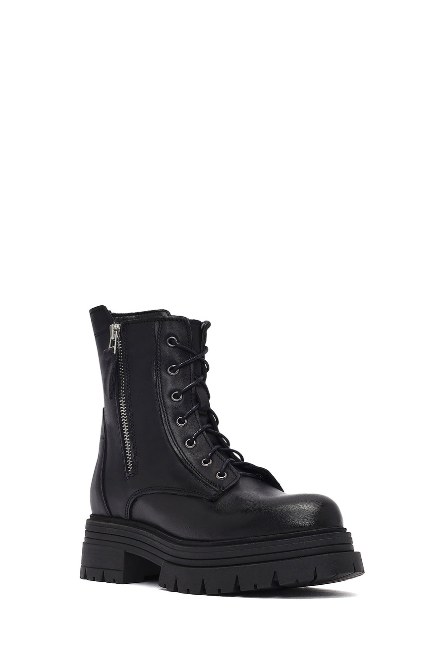 Woman Black Zippered Thick Sole Leather Postal Boots